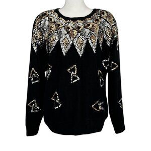 Vintage Gold Silver Silk & Angora Sequin Beaded Geometric Sweater (L)